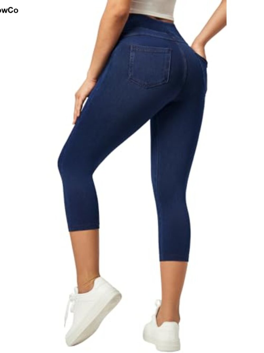 Stretchy Denim Capri Leggings with Pockets High Waisted Pull On Skinny Jeggings